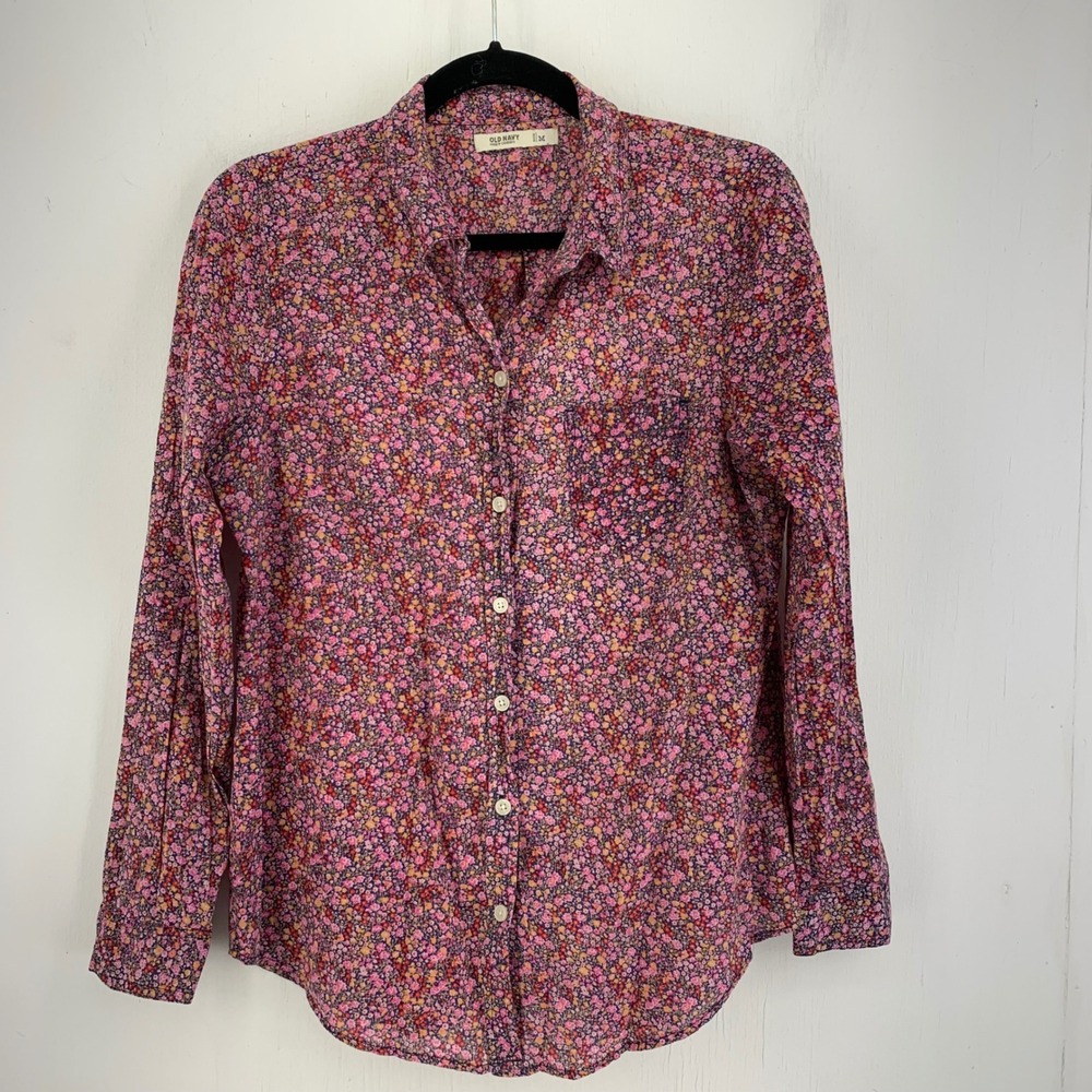 Old Navy Womens Medium Pink Ditsy Floral Cotton Cottage Prairie Boho Top Casual